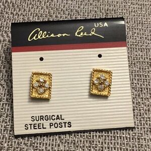 Vintage Allison Reed Post Earrings Goldtone Rectangles with Jeweled Flower J049